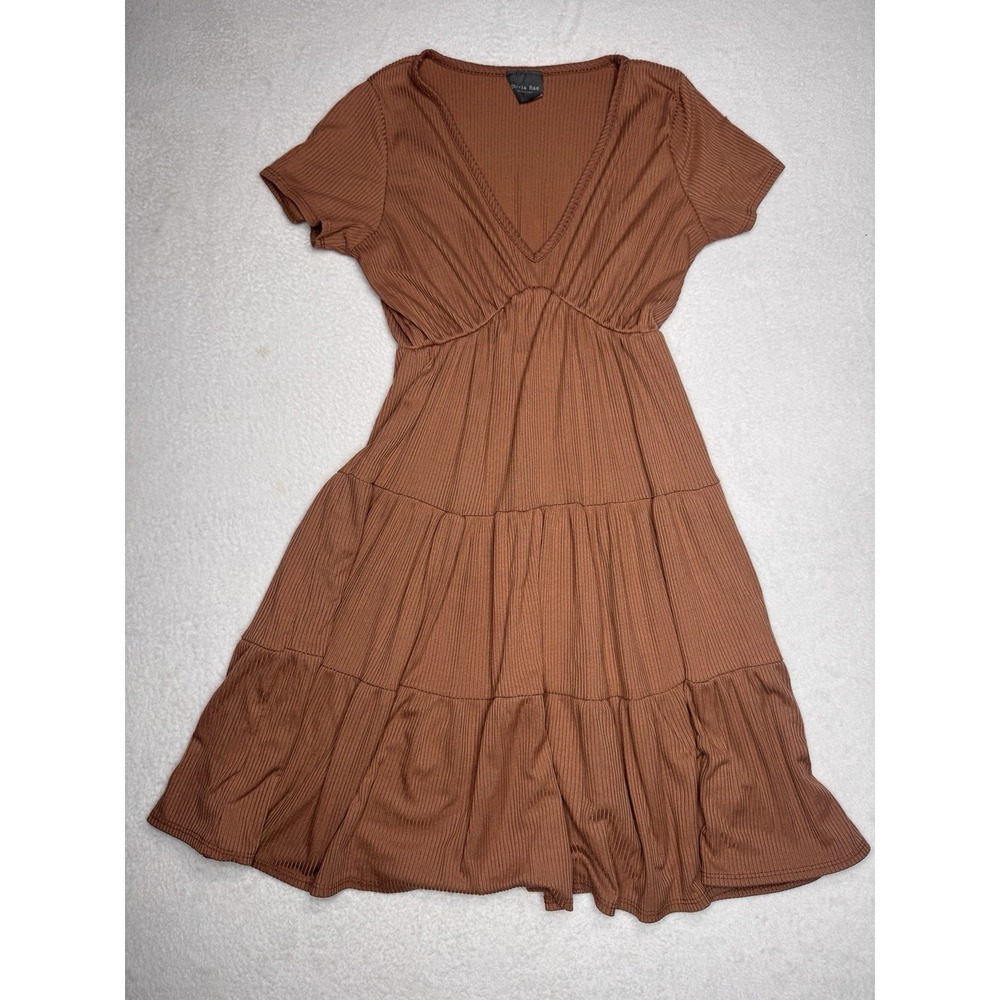 Sz S Olivia Rae New York Midi Sun Summer Dress Brown Rust V Neck Short Sleeve